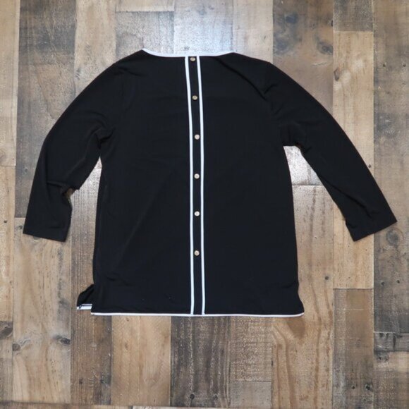 Anne Klein Small Black 3/4 Sleeve Top White Piping Gold Back Buttons - Picture 4 of 4